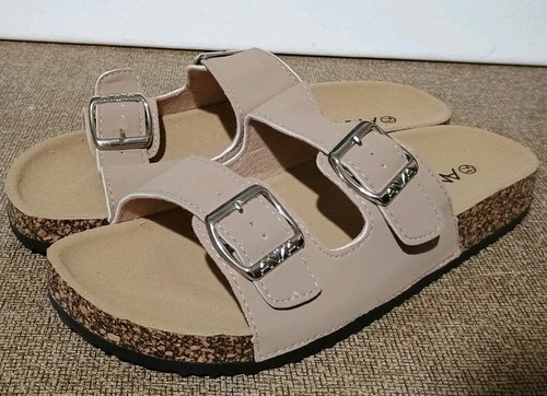 Anna Glory Two Buckle Strap Cork Slide Sandals  SZ 7.5 Taupe Faux Suede Leatherl - Picture 1 of 9