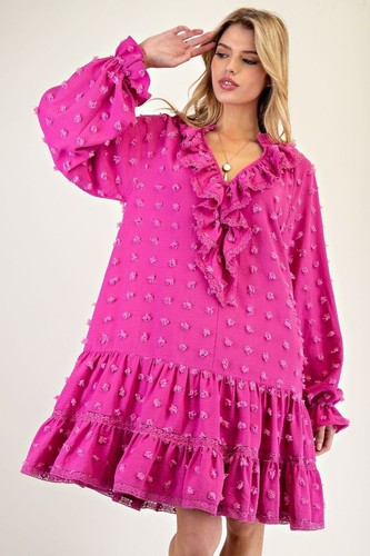 NWT Easel Boho Pom Pom Dress Pink Ruffles Woven Tiered Chiffon Size Small - Picture 6 of 8
