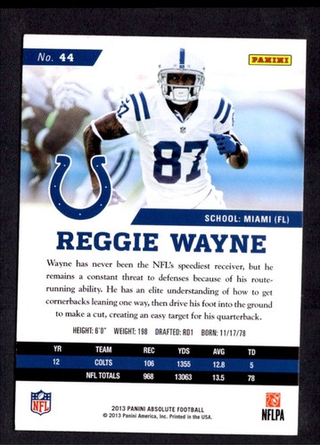 2013 Panini Absolute Reggie Wayne Indianapolis Colts #44 - Picture 2 of 2