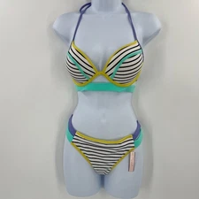 NWT VS Swim Hottie Set 32D M Push Up Bikini Black Stripe Neon Colorblock Itsy