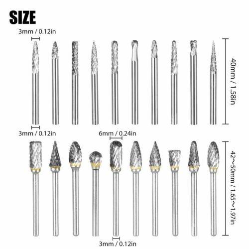 20Pcs Tungsten Carbide Steel Rotary Burr Die Grinder Bit 1/8in Shank Carving Set - Picture 7 of 10