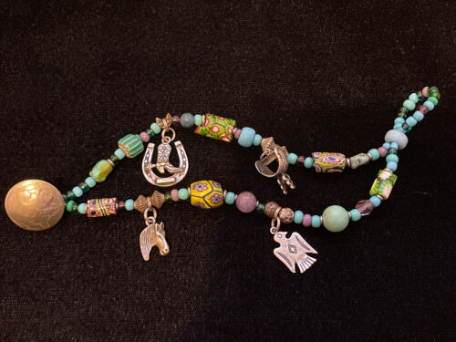 STERLING Western CHARM & Beads Turquoise BRACELET Murano Art Glass Beads 7” - Picture 2 of 11