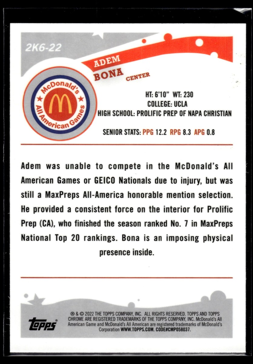 Adem Bona 2022 Topps Chrome McDonald's All American Future