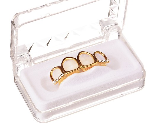 Hip Hop Gold Plated Open Grillz 4 Teeth Top & Bottom w/ CZ Stones LS40 4F G - Picture 4 of 6