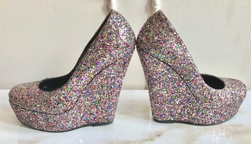 SCHUH Glitter Multicoloured Sparkle Platform Wedge Princess Party Shoes Size 4 - Picture 7 of 9