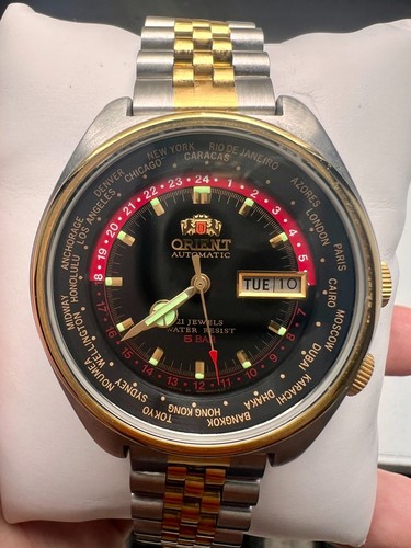 VINTAGE NEW! ORIENT Automatic World Time 21 Jewels 469EE6-71 -TWO TONE GOLD - Picture 2 of 14