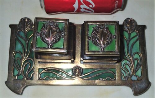 ANTIQUE APOLLO STUDIOS L.C.T. TIFFANY STUDIOS ERA BRONZE ART GLASS INKWELL FRAME - Picture 11 of 11