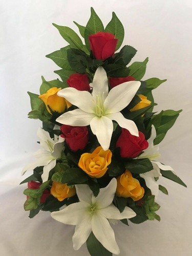 Maceta para tumbas arreglo de flores flor de seda artificial espalda plana rosa lirio mezcla maceta - Imagen 2 de 6