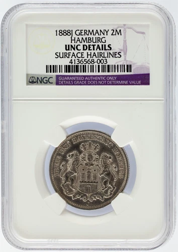 1888 J Germany 2 Mark 2M Silver Coin Hamburg NGC Graded UNC Details