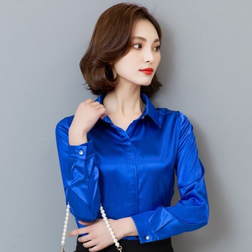 Women Silk Satin Shirt Long Sleeve Formal Work Shirts Shiny Blouse Top Elegant - Picture 6 of 17