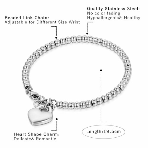 Heart Bracelet Charm Stainless Steel Beaded Adjustable Bangle Women Jewelry Gift - Picture 6 of 10