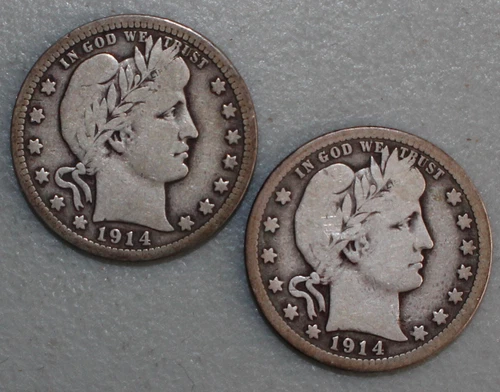 1914 P and D Silver Barber Quarters 25c Coins Very Good Circulated 25 Cents