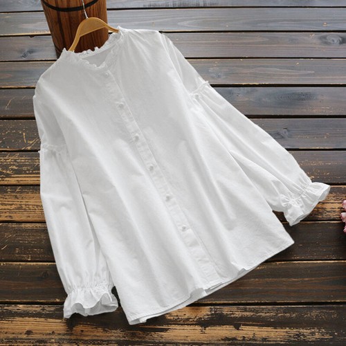 Camicia da donna US STOCK con volant e volant blusa con bottoni camicia vintage ampia - Foto 3 di 10