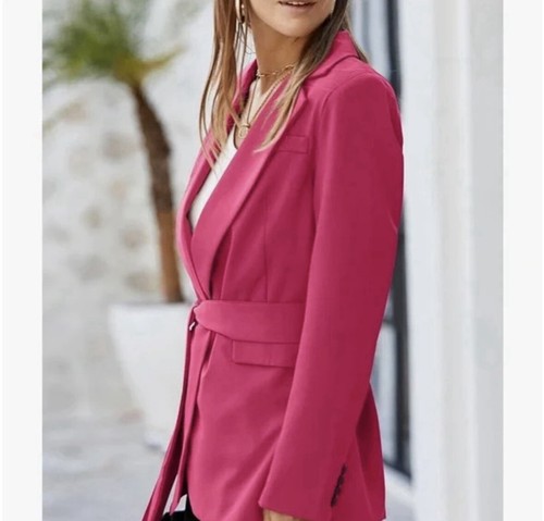 Blazer Happy Sailed Rosa Pequeño Frente Abierto Manga Larga Chaqueta con Cinturón Nuevo con Etiquetas - Imagen 2 de 7