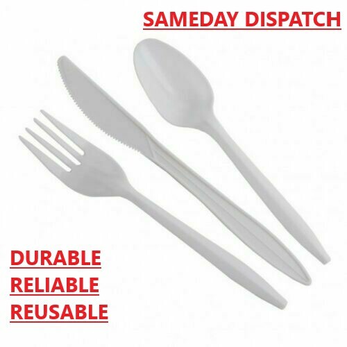White Plastic Cutlery, Forks, Knives, Spoons, Parties, Caterings, Birthday,