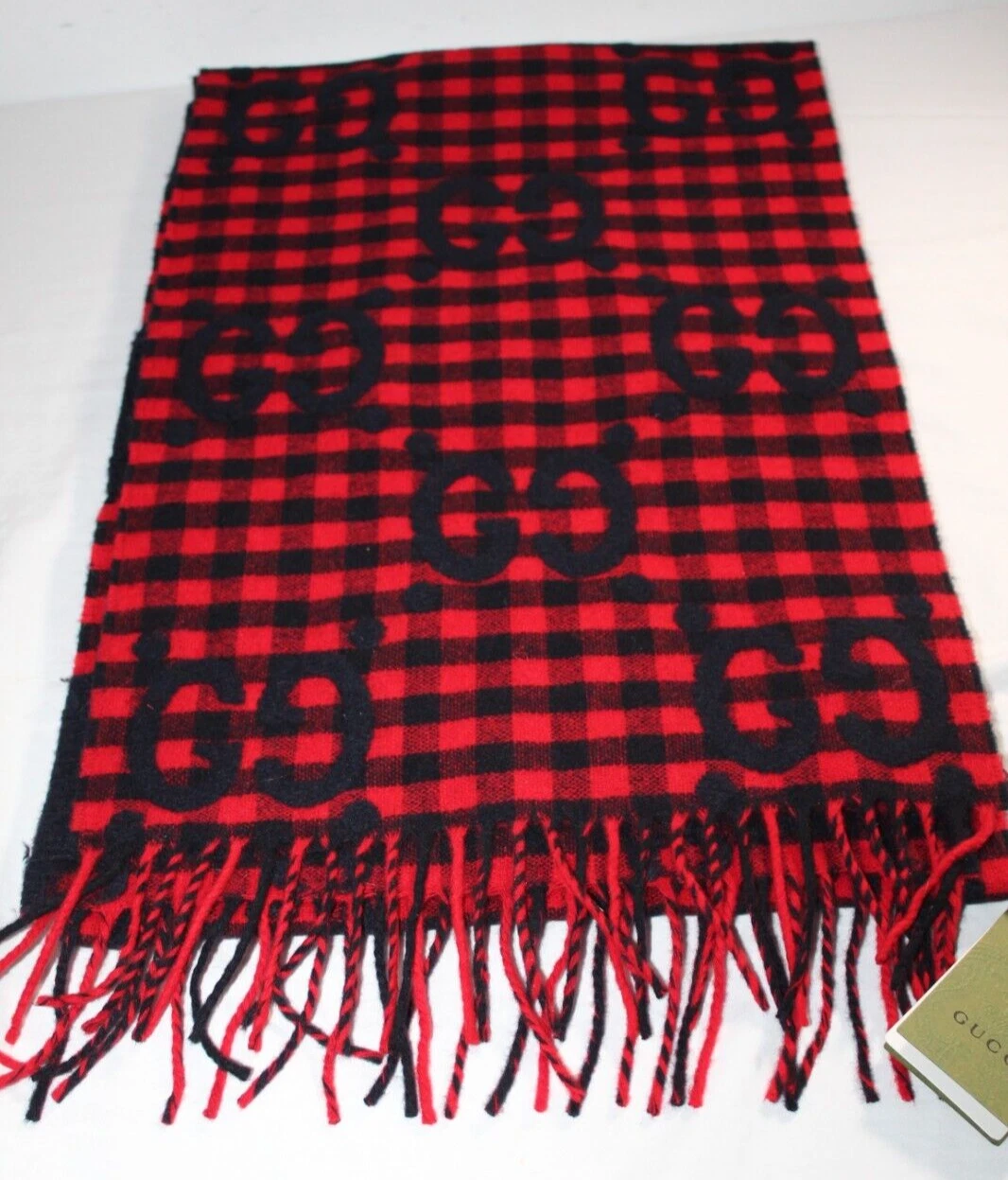 Foulard Gucci rouge noir à carreaux diamant logo GG laine mélangée 240 x 35 neuf avec étiquette