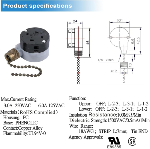 Ceiling Fan Switch Zing Ear ZE-208D 3 Speed Control 5-8 Wire Pull Chain Switch A - Picture 2 of 12