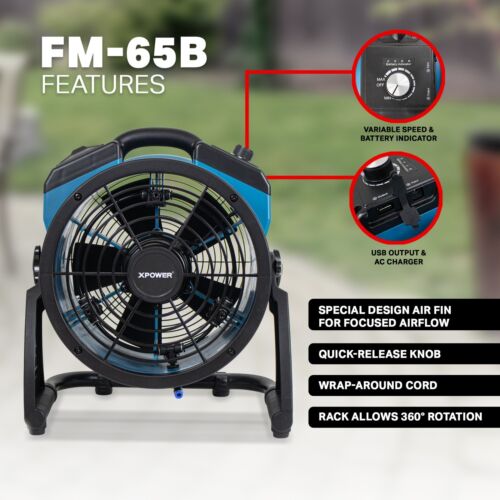 XPower FM-65B 900 CFM Portable Battery Powered Misting Fan Certified-Refurbished - Picture 4 of 6