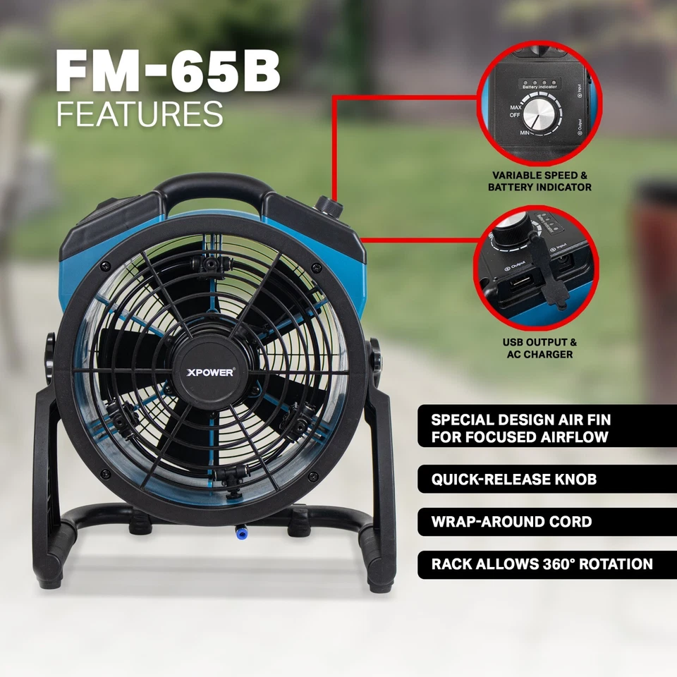 XPower FM-65B 900 CFM Portable Battery Powered Misting Fan Certified-Refurbished - Image 4 of 4