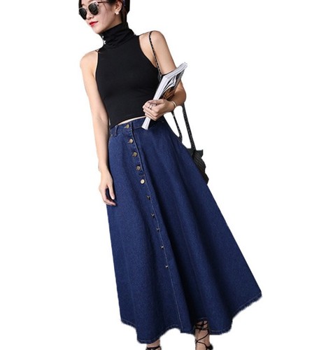 Fashion Women's Denim A-line High Waist Long Midi Flare Party Skater Slim Skirt - Bild 7 von 9
