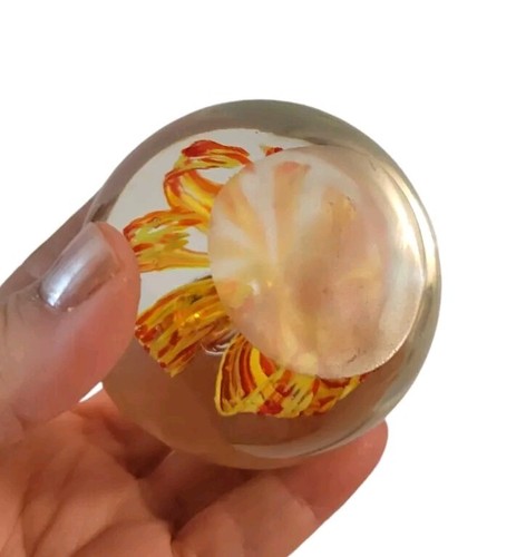 Art Glass Paperweight W Red Yellow Firework Flower 2.75" Diameter - Picture 3 of 5