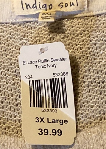 Neu mit Etikett NEU Indigo Soul Damen 3XL El Spitze Rüschenpullover Tunika Elfenbein funkelnd - Bild 5 von 8