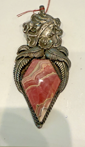 VINTAGE Sterling Rhodochrosite NATIVE AMERICAN TOBLER ART NOUVEAU LADY PENDANT - Picture 2 of 5