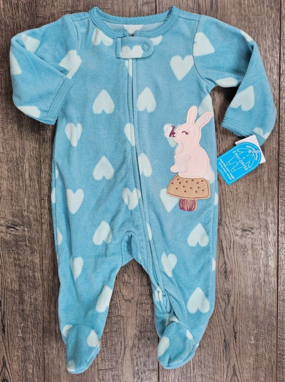 Baby Girl Clothes New Carter's Newborn Fleece Blue Bunny Footed Outfit