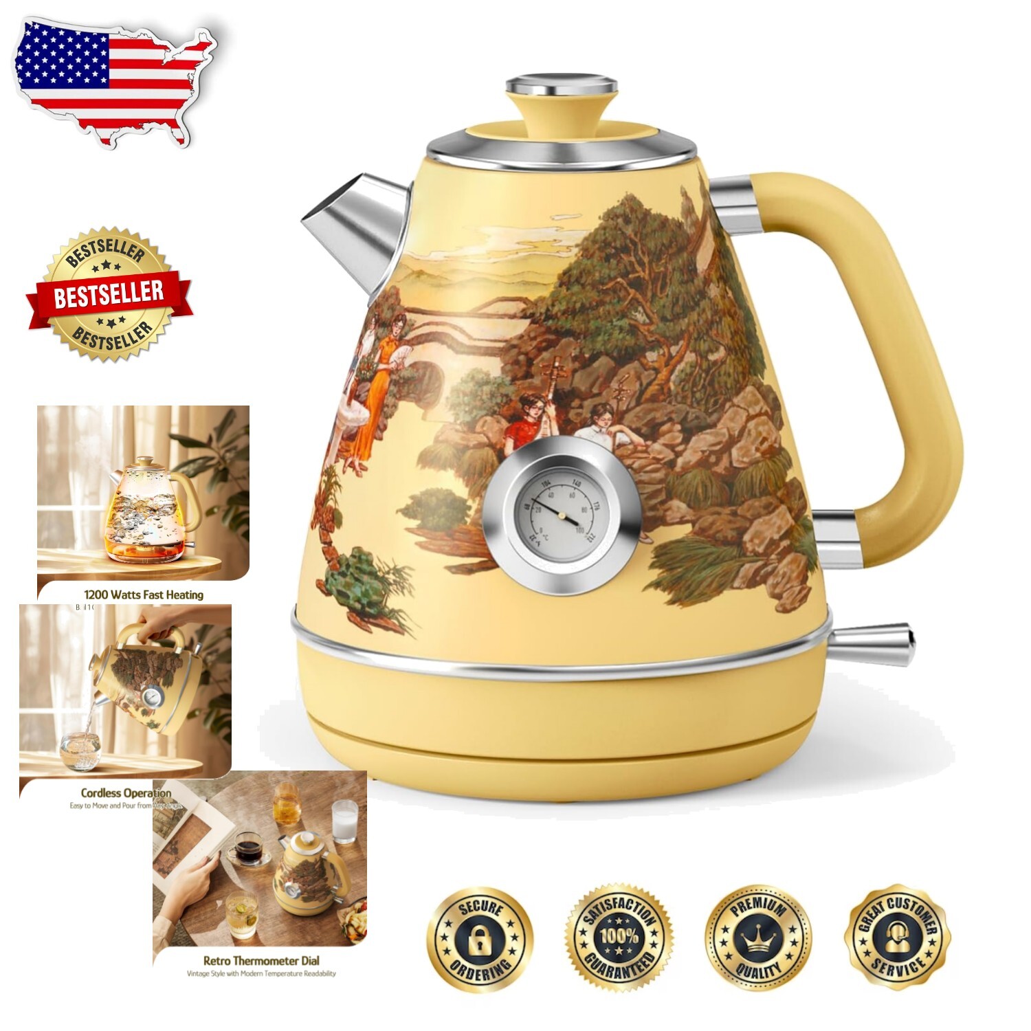 Fast Boiling Retro Electric Kettle - 1200W, Cordless, 1.7L with Safety Features-image