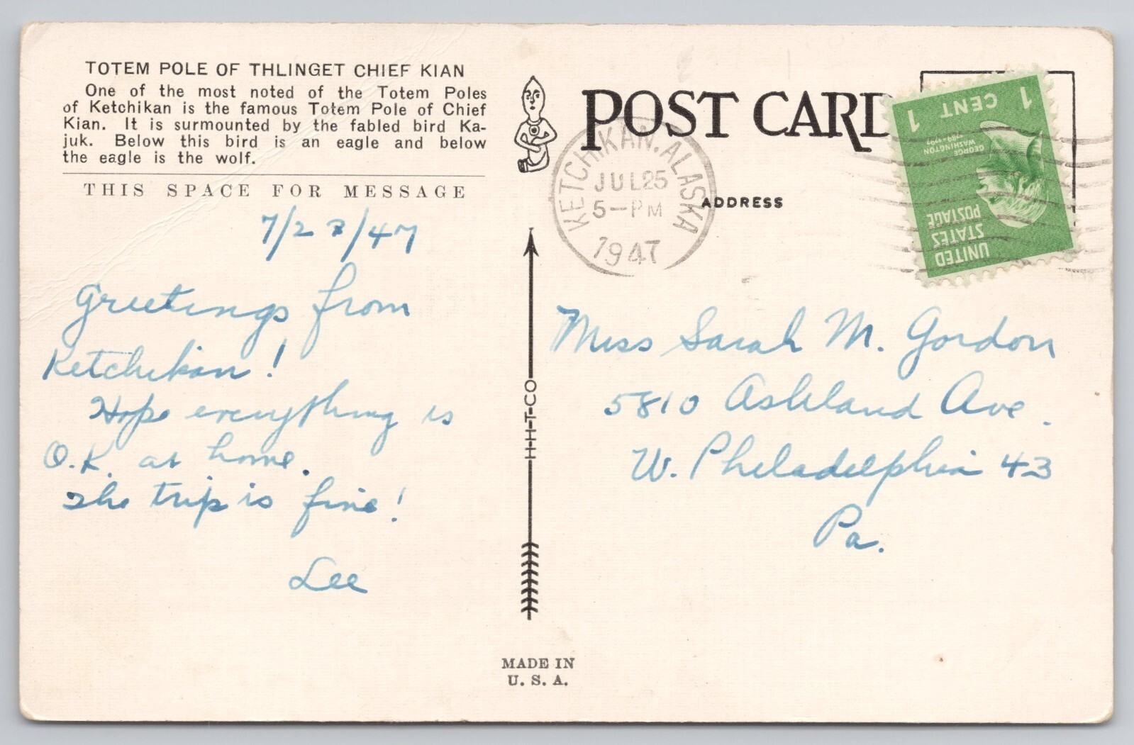 Ketchikan, Alaska Postcard, Totem Pole of Thlingit, Chief Kian 0821