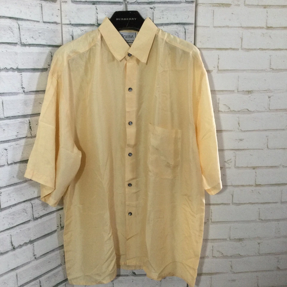 Bruno  Men shirt 100% silk yellow collared short sleeved size large - Image 3 of 4