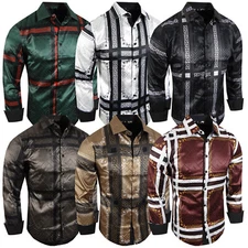 Designer Shirt Mens Luxury Italian Stripe Silky Sheen Stretch Slim Fit Button Up