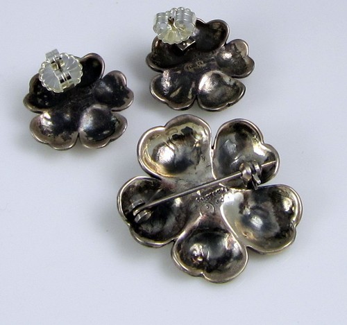 Vintage Rare Sterling Silver Garnet Marcasite Flower Brooch Pierced Earring Set - Picture 3 of 8