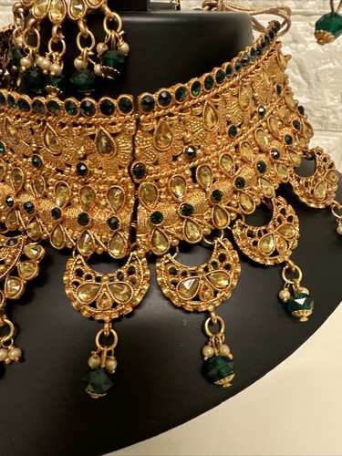 Indisch Pakistanisch Grün Farbe Halskette Choker Ohrring Set Hochzeit Bollywood - Bild 13 von 23