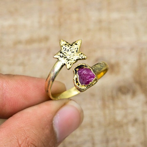 18k Gold Plated Natural Pink Ruby Electroforming 925 Silver Star Ring Jewelry - Picture 3 of 4