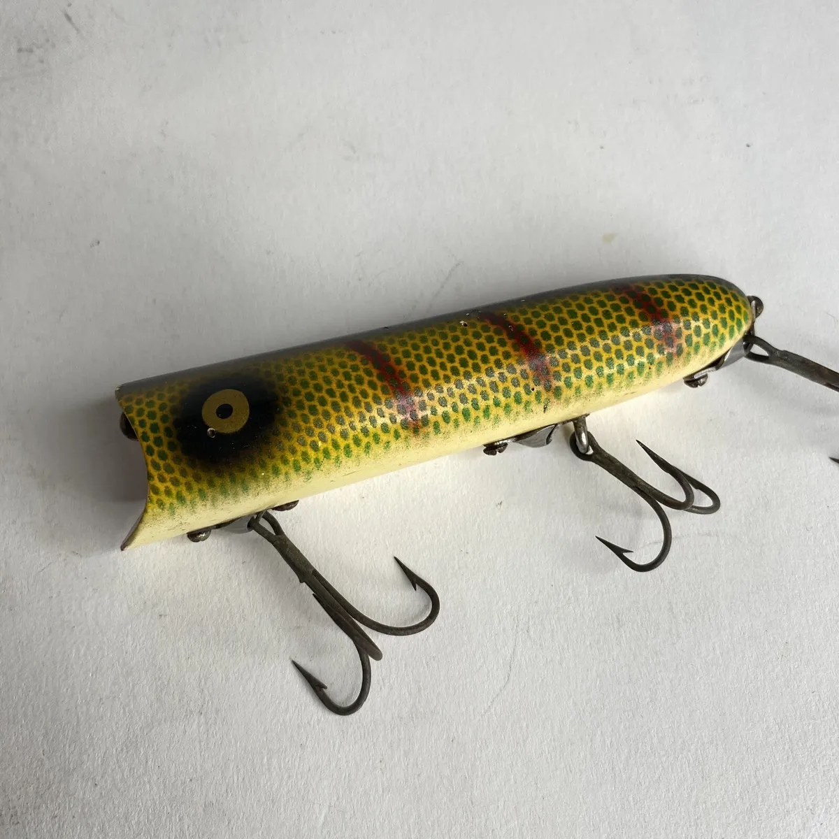 Vintage Heddon Lucky 13 Fishing Lure Minnow Perch Scale Gold Eyes