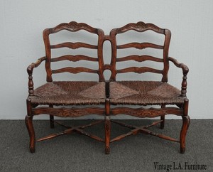 Vintage French Country Brown Oak Ladderback Rush Seat Settee Ebay