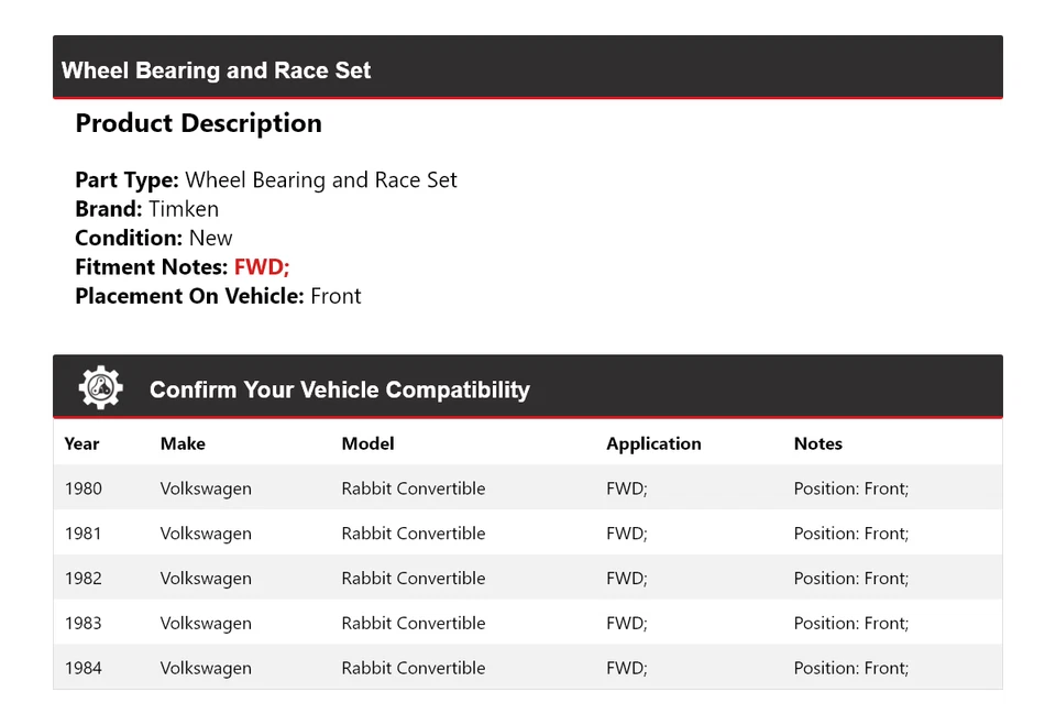 Juego de cojinete de rueda y carrera delantero Timken convertible para Volkswagen Rabbit 80-84 Foto 2 de 4