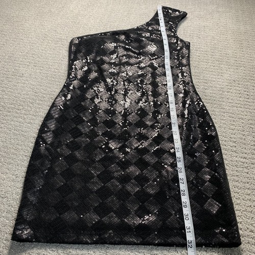 Forever 21 Black Mini Sequin Check Square One Shoulder Dress Womens Medium - Picture 8 of 8