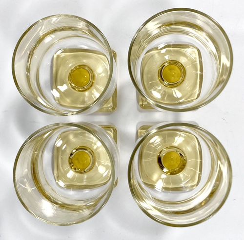 4 Federal Glass Nordic Topaz Yellow Stem Square Foot Juice Goblets Vtg MCM Set - Picture 12 of 13