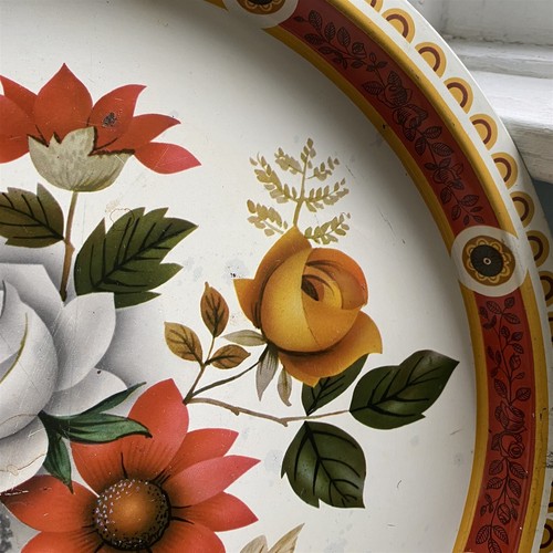 Vintage Elite England Round Serving Tray Mod Floral Fall Harvest Colors - Picture 3 of 6