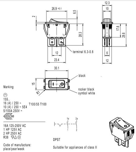 (2 Stück) Wippschalter, 1552.3104, Marquardt Schalter, EIN AUS DPST, 16A 250VAC - Bild 5 von 9