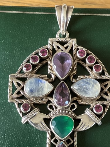 Indian Sterling Silver Claddagh Celtic Cross Pendant with Mixed Gem Stones - Picture 2 of 10