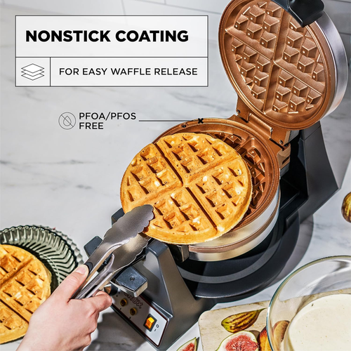 Double Rotating Belgian Waffle Maker w/Nonstick Copper Plates, Easy Food Release - Picture 6 of 7