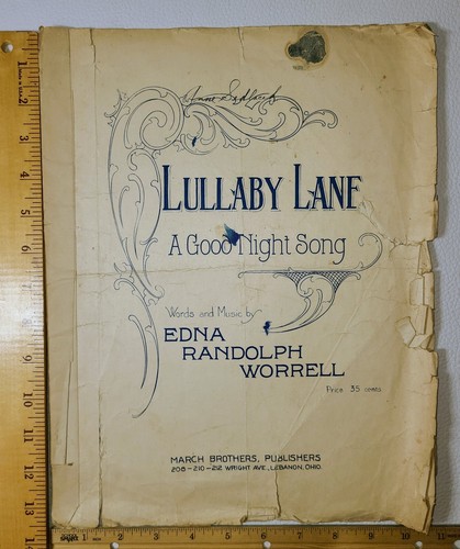 1916 "Lullaby Lane" Randolph Worrell pianoforte voce spartiti Paine antico - Foto 8 di 9