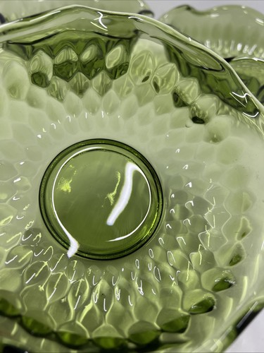 Avocado Green Indiana Glass  Bowls with Ruffle Edge Diamond Pattern 5 1/2” Set 3 - Picture 5 of 8