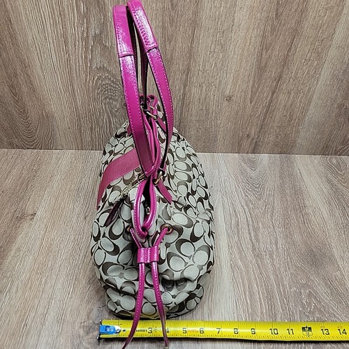 Coach Signature rosa Streifen Kordelzug Kiss Lock Beuteltasche Schultertasche Umhängetasche Handtasche - Bild 9 von 21