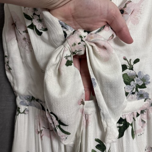 Lucky Brand Dress M Off White Pink Floral Tie Front Maxi Vacation Cottage Resort - Picture 3 of 12