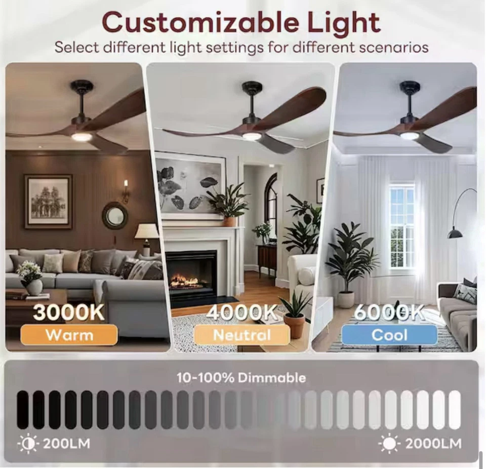 52/60/70in Farmhouse Ceiling Fan Light with Remote 3 Wood Blades Outdoor DC Fan - Image 4 of 4