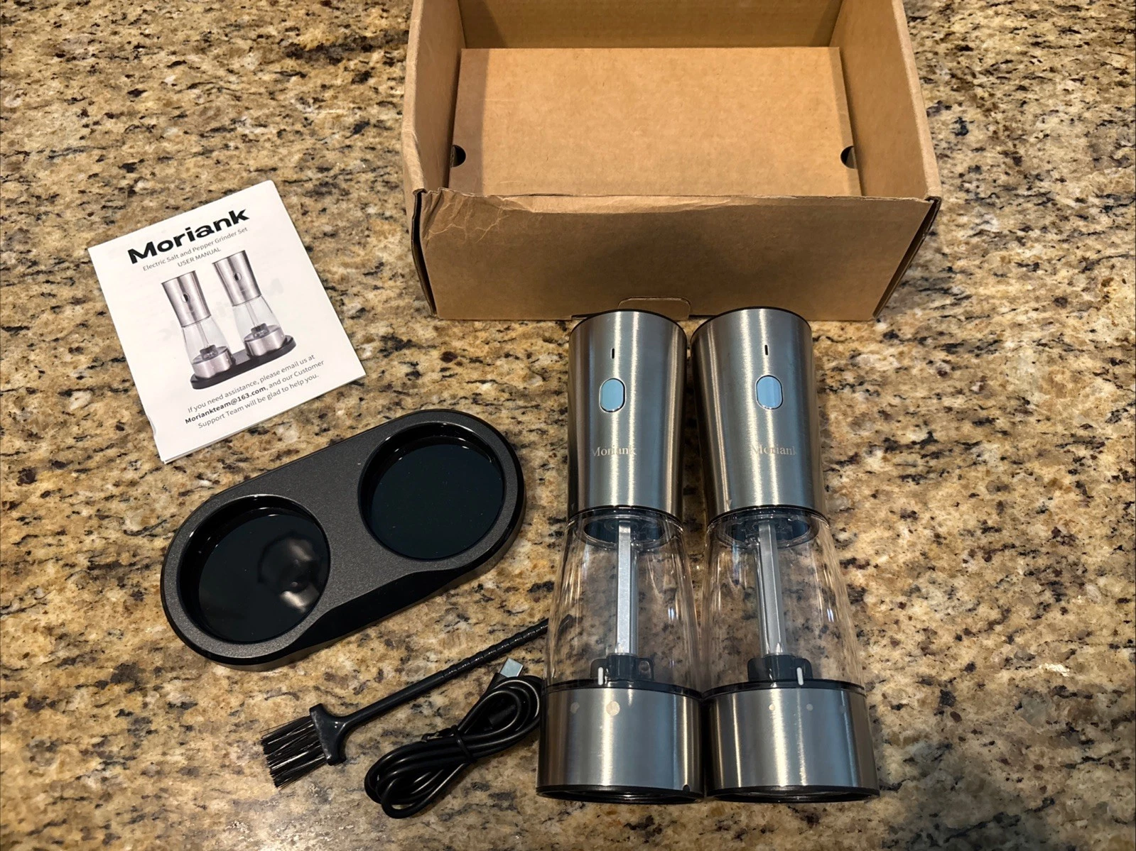 Moriank Electric Salt & Pepper Grinder Shakers Adjustable Grey Stainless Steel